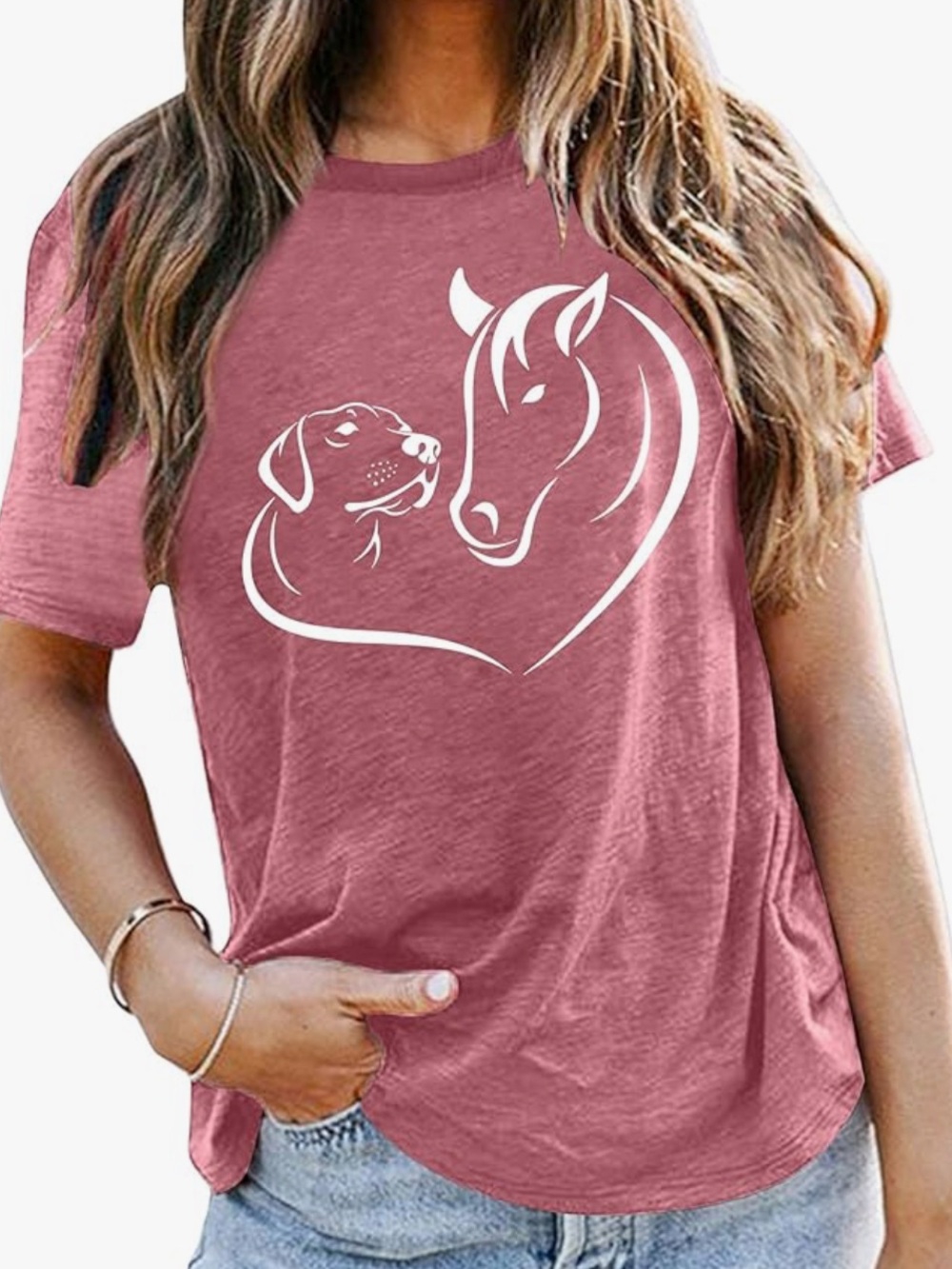 Chic Nation Mauve Pink Horse & Dog Heart Graphic Tee